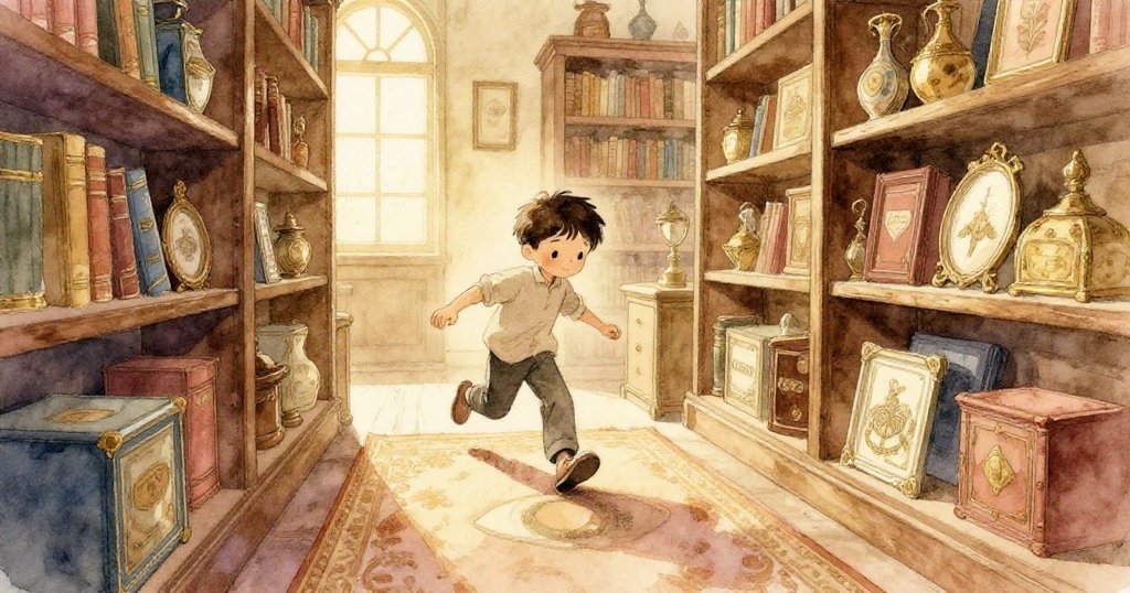 喬爾穿梭於書架間，鞋跟輕觸閃亮半月污漬，背景明亮溫馨，充滿探索與期待情感。