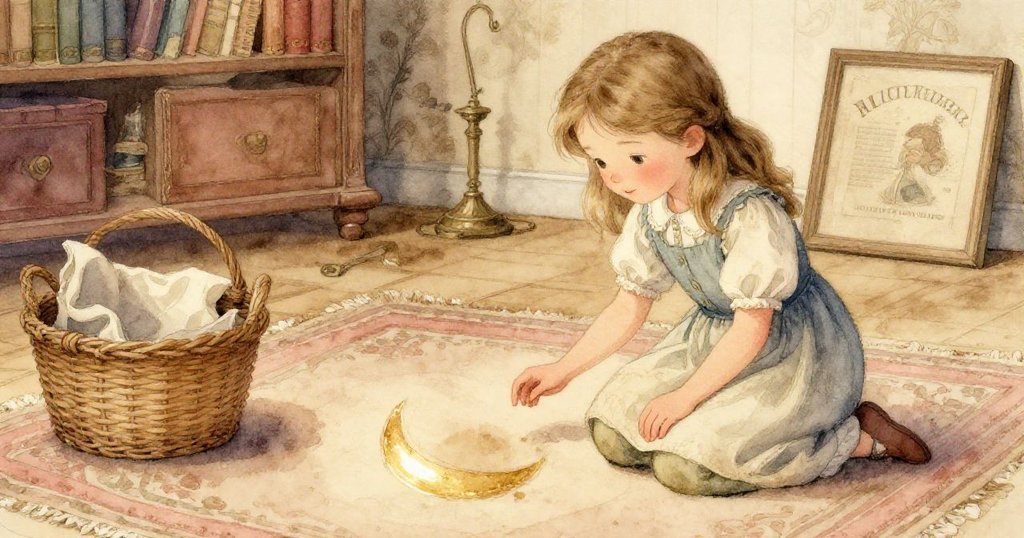 芙蘿拉跪於閱讀桌旁，仔細觀察散發豐富香氣的半月污漬，旁邊置有織籃，臉上充滿好奇與溫柔情感。