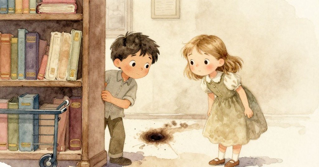 喬爾與芙蘿拉從書架縫隙窺望回車區，注視逐漸加深的污漬，神秘氛圍與好奇心交織，表情充滿期待。