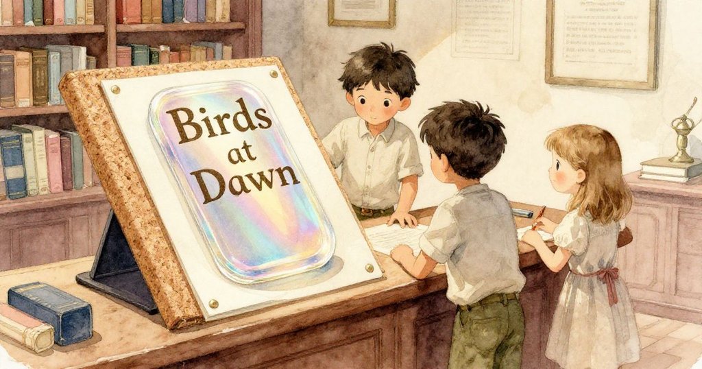 兩位孩童到達櫃台，從俯視角看到發光書籍與軟木封印，神秘氛圍中散發著驚奇與探索的光彩。