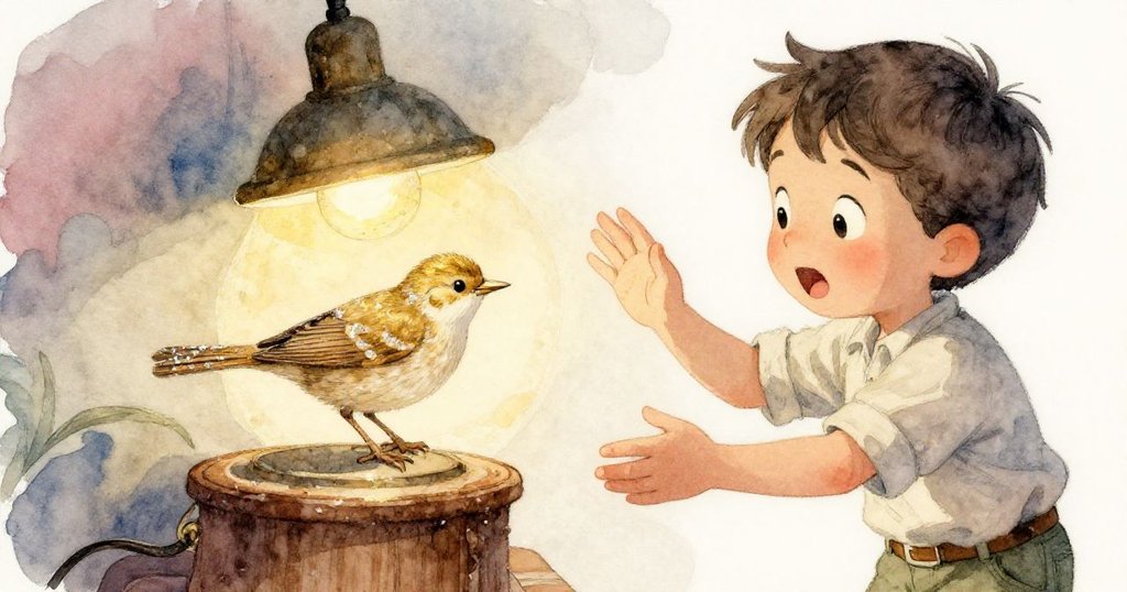 喬爾輕傾書本，瞬間展露出細小木鷚，金色羽毛閃爍如糖晶，表情驚喜，特寫捕捉驚艷發現。