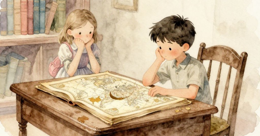 閉館將至，閱讀桌上地圖旁出現新月形濕痕，喬爾與芙蘿拉靜立沉思，畫面充滿神秘溫暖與回味。