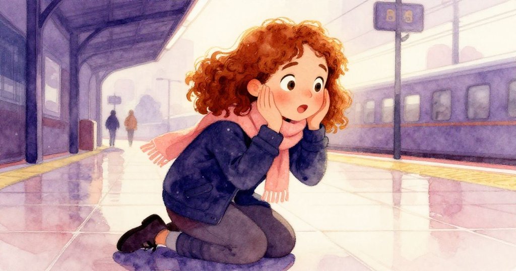 蕊蹲在光亮瓷磚上，臉上充滿好奇與驚奇，傾聽腳下節奏微妙聲音，溫暖燈光映襯情緒細膩。