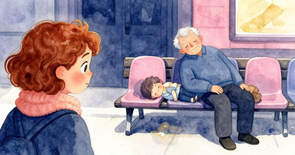 從蕊肩後看見長者安睡於長椅，家庭靜謐相伴，蕊側身好奇凝望，工業背景中散發柔和光芒。