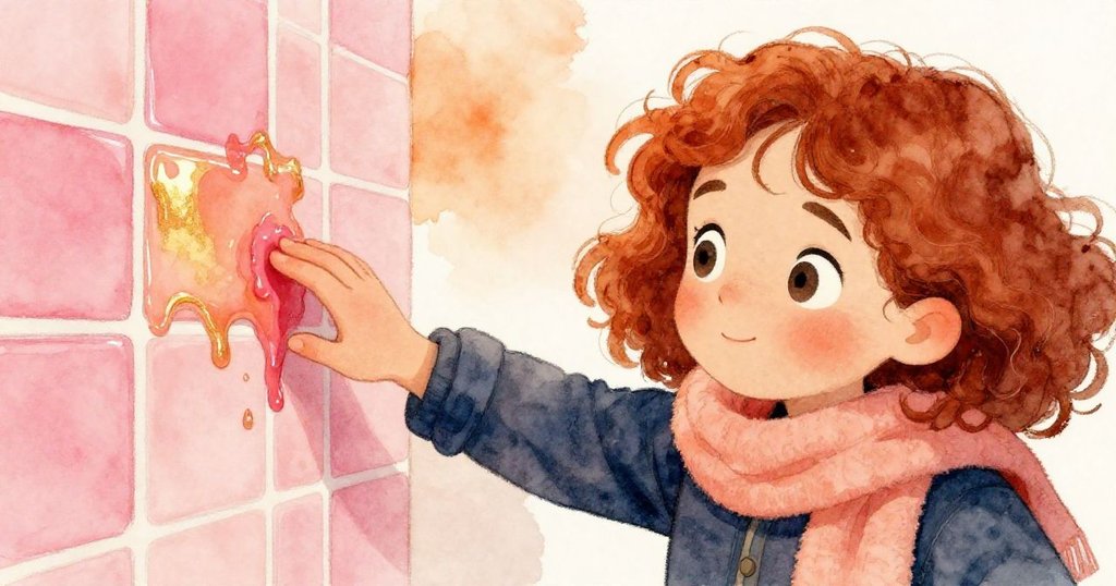 蕊輕觸發光瓷磚上粘稠痕跡，柔桃圍巾借漆痕透出半透明質感，細節逼真展現探究瞬間。