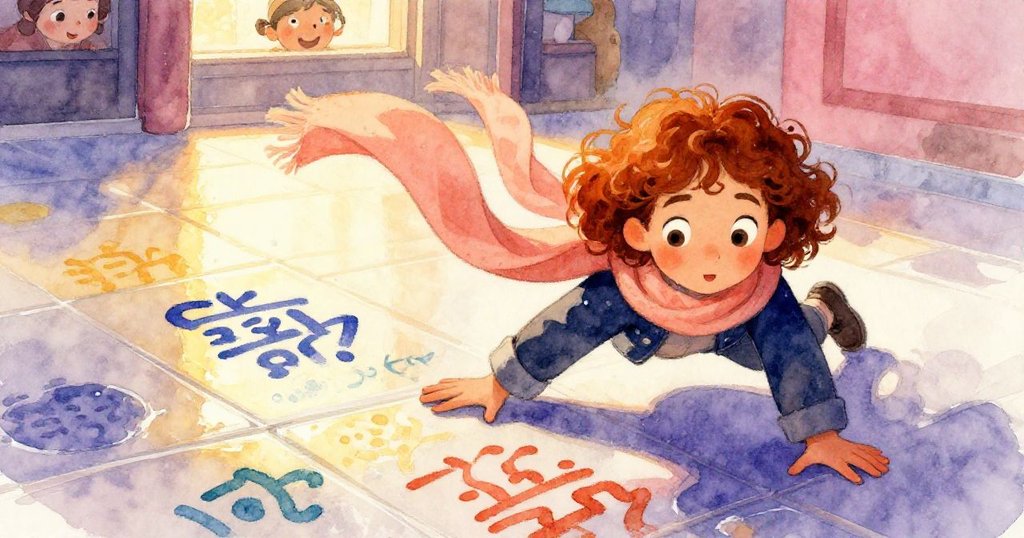 蕊正用柔桃圍巾迅速拭擦地板，手部動態定格刻劃出鮮亮油漆字母，情感專注而動感十足。