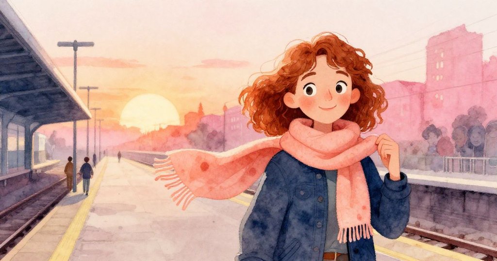 蕊合起染色圍巾輕笑向前走，背景月台與鮮亮畫跡隱隱流露，夕陽餘暉中預示續篇展開。