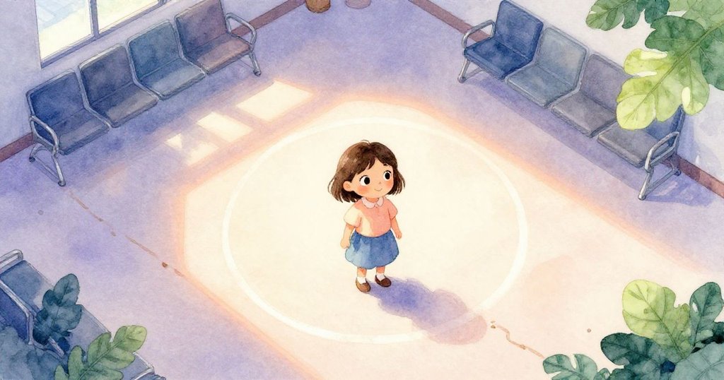 候診室全景呈現，瑞比轉圈尋找細土線，柔和燈光映照室內，情景神秘而溫馨。