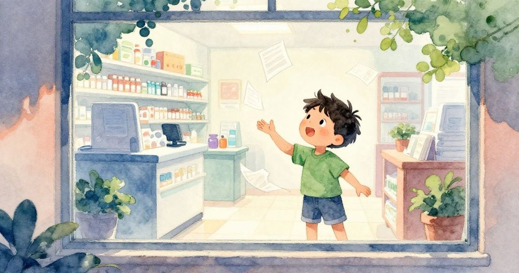 透過藥房窗戶望去，男孩快樂翻飛紙張，卡通光影交織出忙碌又溫暖的室內外景象。