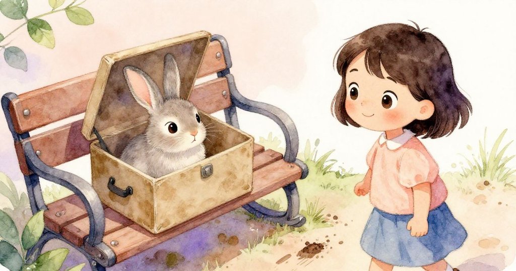 高處俯瞰長椅旁，小兔在盒中輕搖，瑞比追尋破碎花朵與泥跡，氛圍奇幻而靜謐。