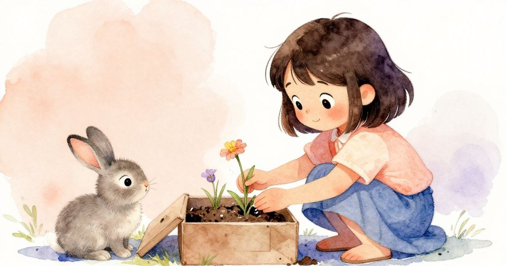 瑞比蹲下手撥破花枝，臉上堅毅與期待交錯，小兔聚精會神觀察，細節光影柔和。