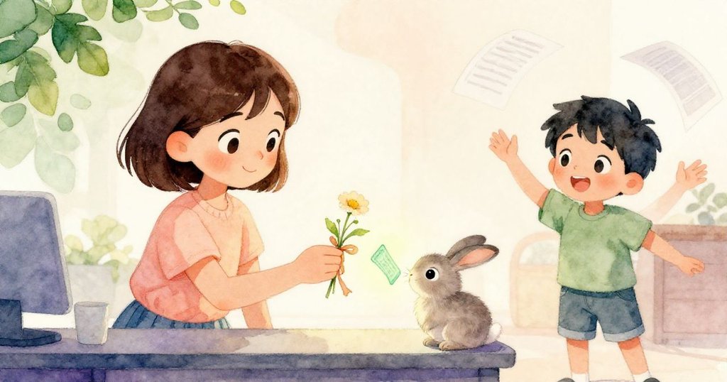 瑞比在櫃檯上與小兔交換碎花邊花朵，綠票亮起，溫柔情感洋溢，背景中男孩紙張飛舞。