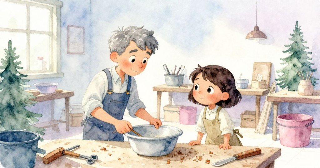 奧斯卡在忙碌的工作台前講話，佛羅拉靠在溫暖的水槽邊，背景充滿工具和木屑，展現故事開端的熱鬧場景。