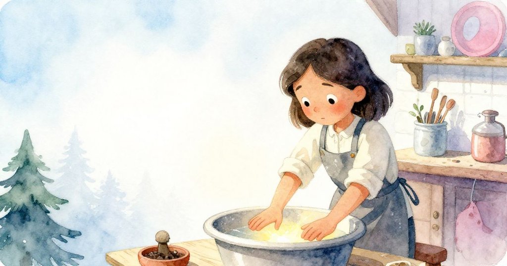 佛羅拉用雙手抵在充滿陽光溫暖感的水槽邊，表情專注，背景留白強調這個關鍵瞬間。