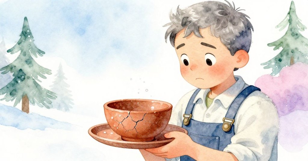 奧斯卡小心翼翼檢查淺盤中的陶碗，濕潤光澤下顯露細細裂縫，他的神情關切，畫面近距離呈現細節。