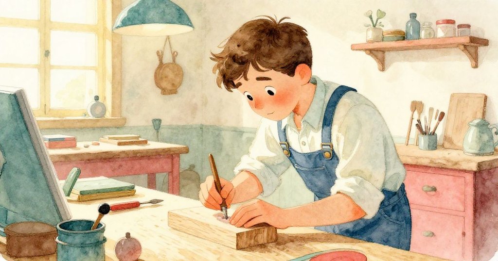 奧斯卡在明亮的古老工作室內,俯身檢查淡雪松木塊與飄落的木屑,神情專注,故事開篇揭示探險起點。