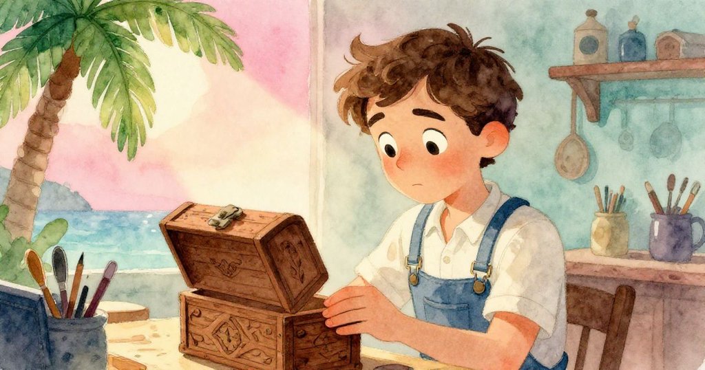 奧斯卡在工作室仔細檢查古舊木盒,眼睛瞪大驚喜,精緻浮雕刻著生動面孔,故事進入發現階段。