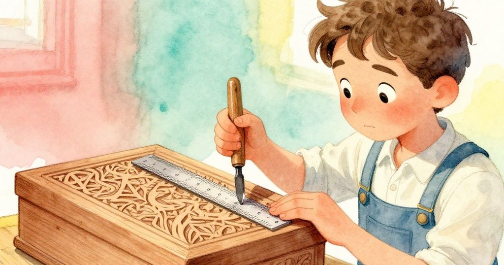 奧斯卡手持雕刻工具用力撬開木盒,特寫展現浮雕面孔詭異形狀與細節,故事達到懸疑高潮。