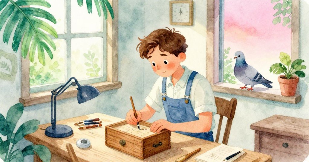 從窗台俯視工作台,奧斯卡操作木盒,鴿子好奇探頭觀察,溫暖陽光映照整個寧靜工坊,發展至動作細節。