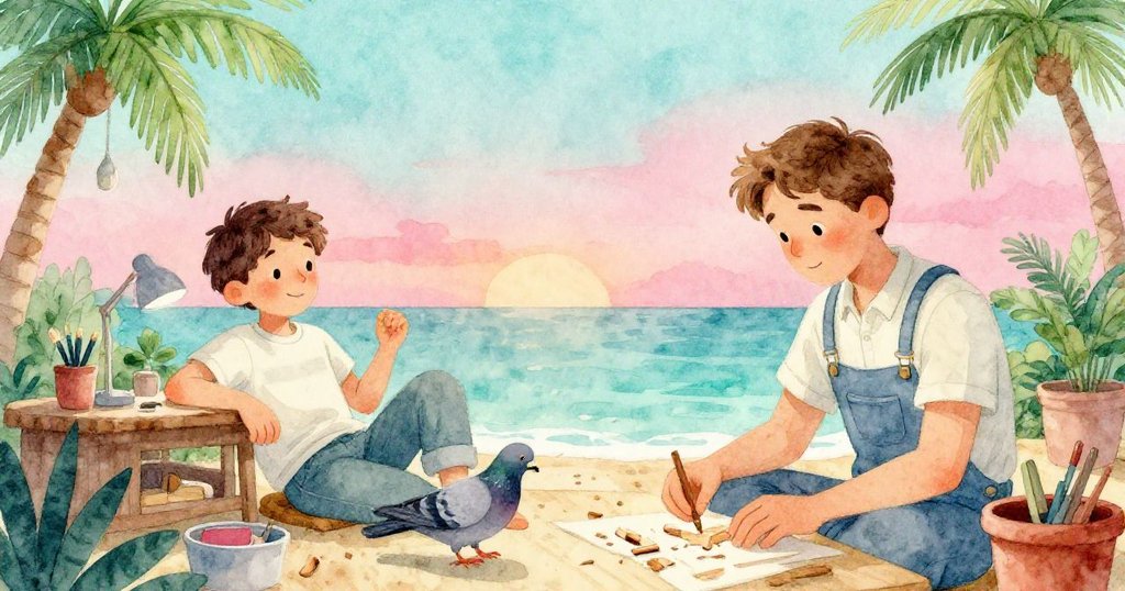 奧斯卡在寧靜工作室滿足微笑,遠處鴿子啄著木屑,整體氛圍平和完結,故事逐步從開端走向溫馨結局。