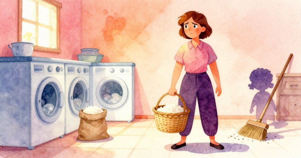 Vera在明亮的洗衣房中帶著毛巾籃子前行,背景中機器運轉,廢棄米粒隱約展現,充滿決心和期待。