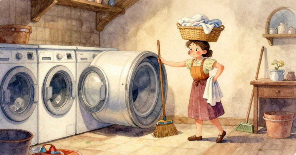 Vera背後的紙袋破裂,米粒在冷磚上散落,傾斜的掃帚輕觸現混亂細節,充滿意外與溫柔歷史感。