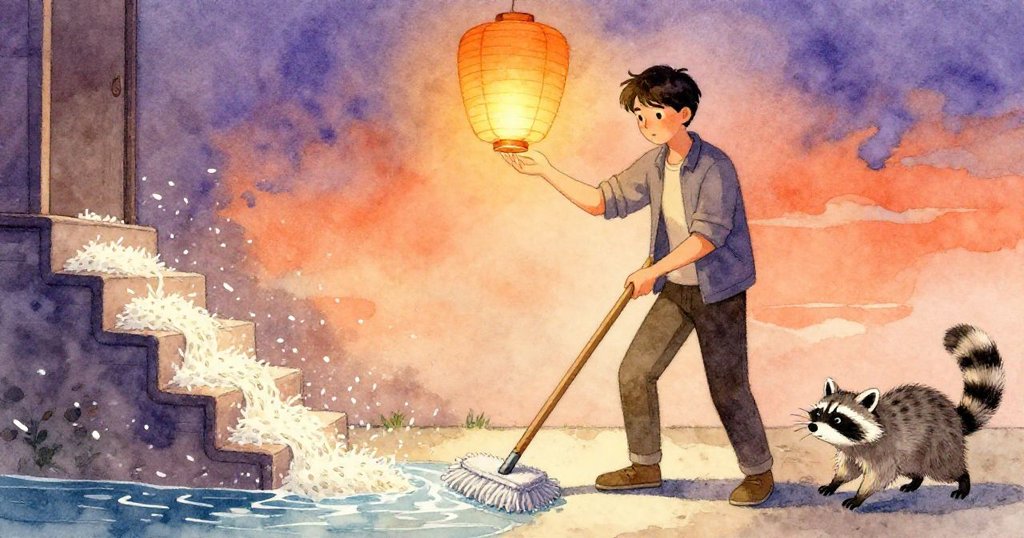 Blake在樓梯間拿著燈籠,用拖把阻擋米水,眼神堅定,背景中浣熊慌亂退去,展現緊張情緒。