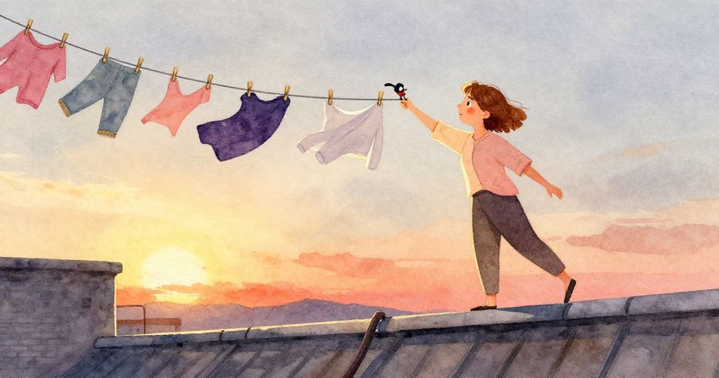 Vera到達閃耀屋頂,夕陽照耀下衣物飛舞,衣夾輕旋,畫面展現平和與希望,結束混亂的冒險。