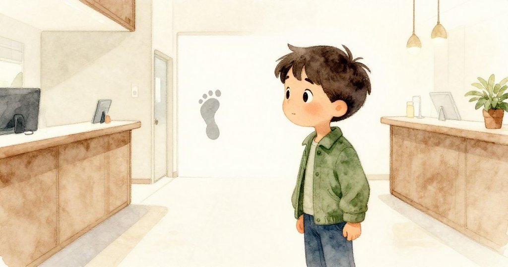 格蘭特站在明亮走廊中注意到銀灰足跡,身影與背景線條清晰,表情充滿好奇與期待。