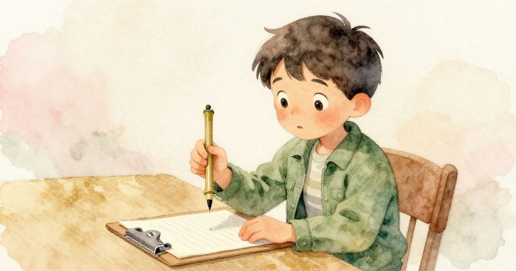 格蘭特仔細檢視桌上竹筆與剪貼板,雙手動作溫柔,背景散發著柔和玫瑰及古金色調,充滿期待。