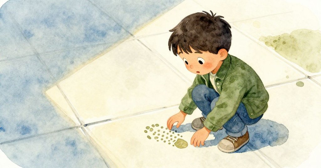 格蘭特俯身仔細觀察地板上像壓印葉脈的點狀足跡,神情專注,從高角度呈現溫柔藍與橄欖色調。