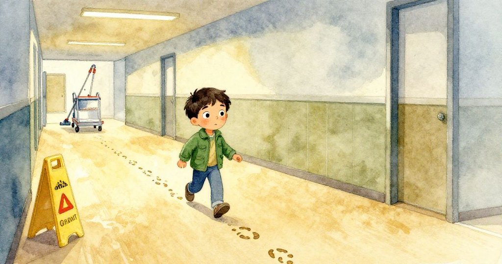 格蘭特沿著蜿蜒走廊前行,經過濕潤警告牌與清潔車,動作堅定,背景呈現古金和塵藍色調。