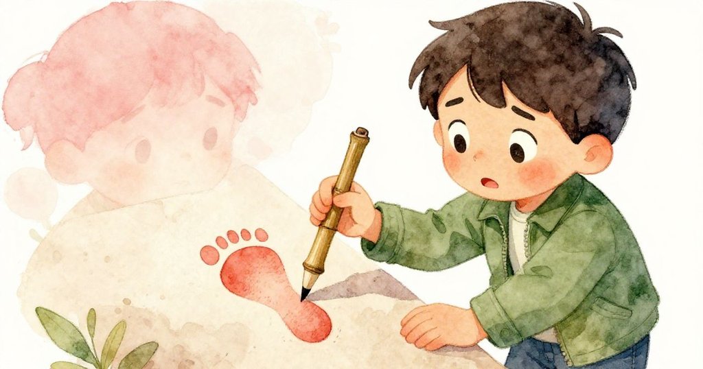 格蘭特用竹筆輕觸神秘足跡,面容流露疑惑與堅定,近距離刻畫內心情感,背景溫暖柔和。