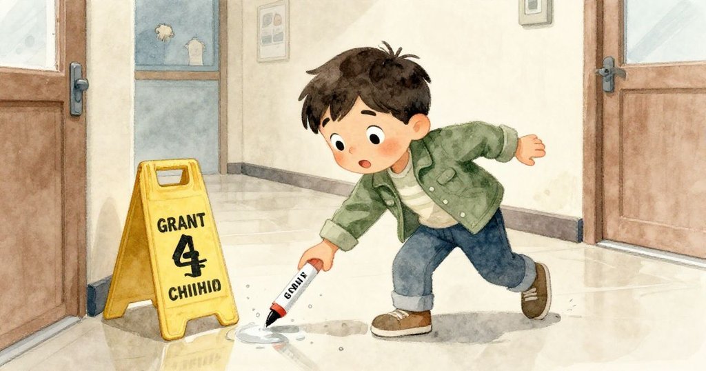 格蘭特靈巧伸手抓取濕滑警告牌,動作靈動且充滿期待,背景呈現深褐與塵藍色調,故事未完待續。