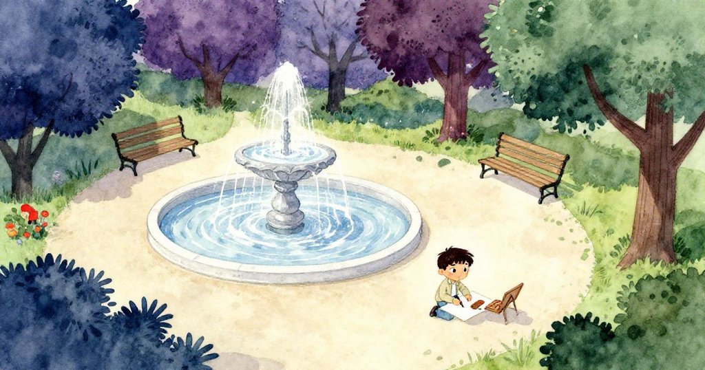 溫暖公園中，Vance坐在噴泉旁擺放畫紙，周遭樹木隨風搖曳，展現故事開始的寧靜與活力。