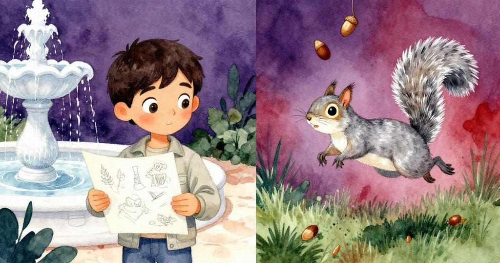分屏繪本中一側Vance專注排列畫紙，另一側灰松鼠驚跳樹枝，秋果飛落展示故事發展。