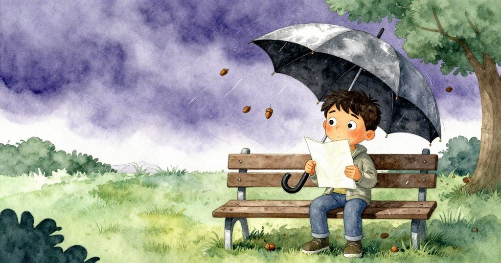 天色轉暗中，Vance急忙將摺傘夾入長椅隙縫中保護畫本，風捲秋果，情緒堅定。