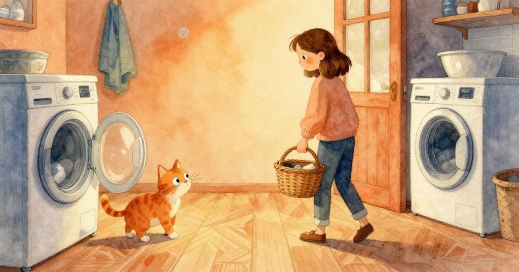 Kira走進昏黃燈光的洗衣房，手提籃子，身旁有好奇的姜色貓，充滿期待和溫暖情感。
