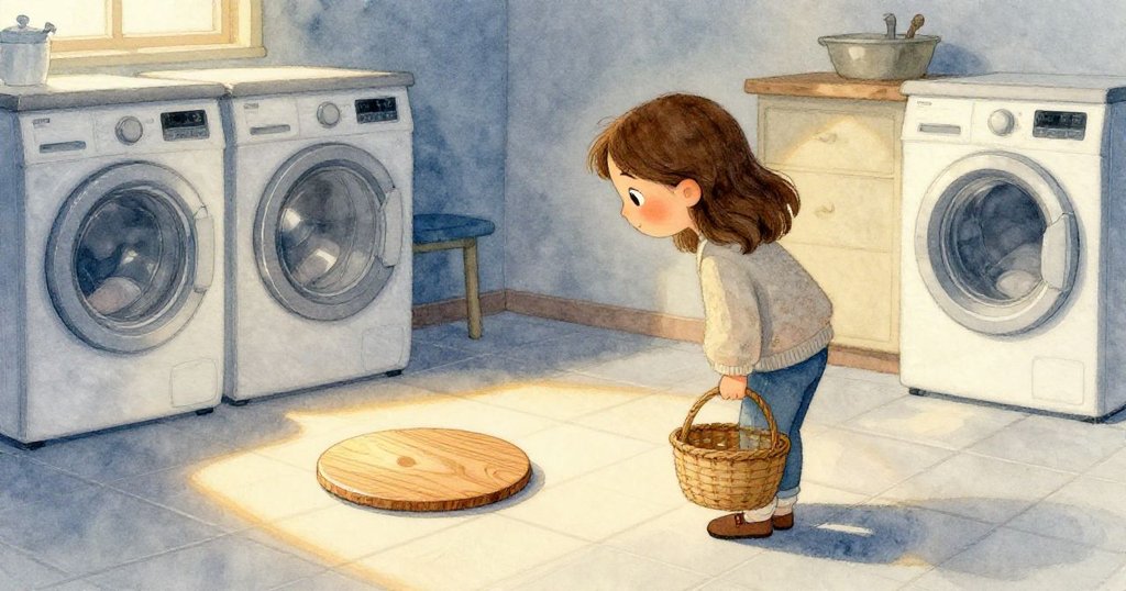 Kira站在水龍頭邊，低頭觀察洗衣機圓盤在光滑地磚上的倒影，燈光投下柔和木紋，神情專注。