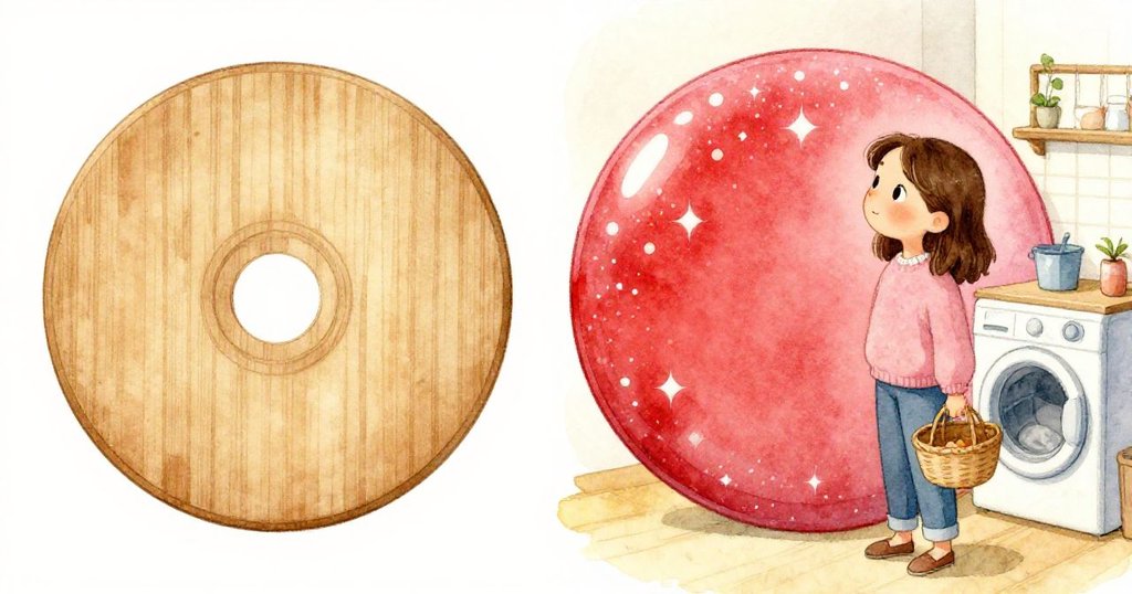 Kira陷入幻想，畫面一半呈現樸實木盤，一半展現閃亮派對徽章，她眼中流露出驚奇與夢幻，室內氛圍溫暖。