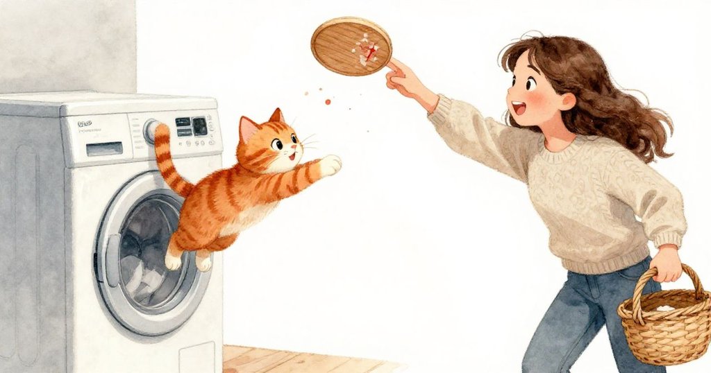 姜色貓跳上洗衣機推動圓盤掉落，Kira迅速伸手接住，發現圓盤沾有黏性痕跡，場面充滿驚奇與活力。