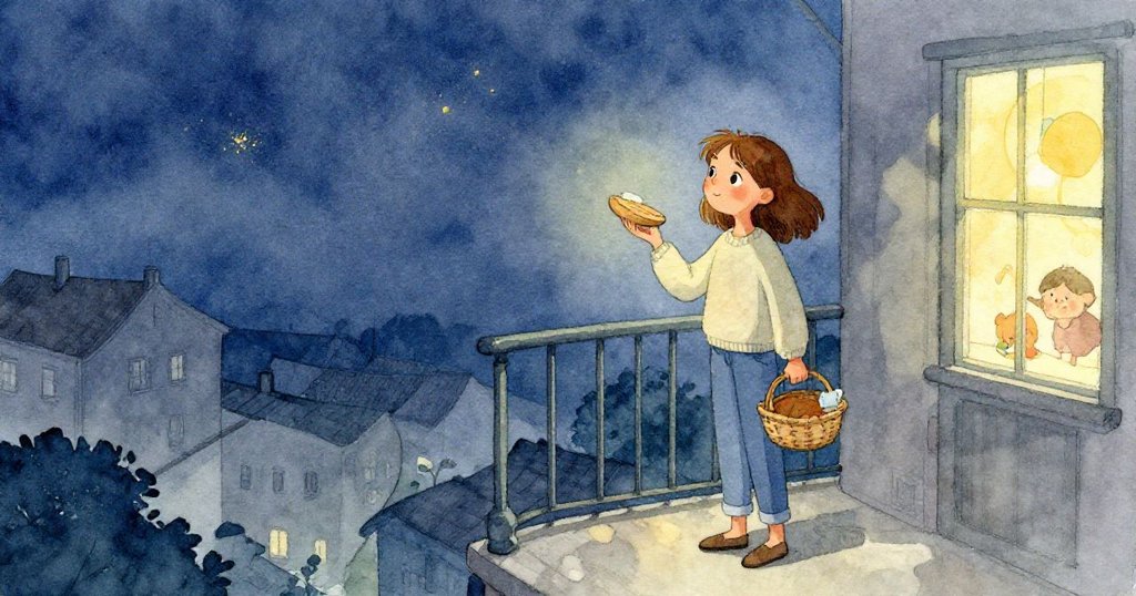 Kira站在夜晚陽台上，輕輕將帶有黏性痕跡的圓盤收入口袋，冷藍光影與溫暖金黃交織，表情平靜中帶著好奇與釋然。