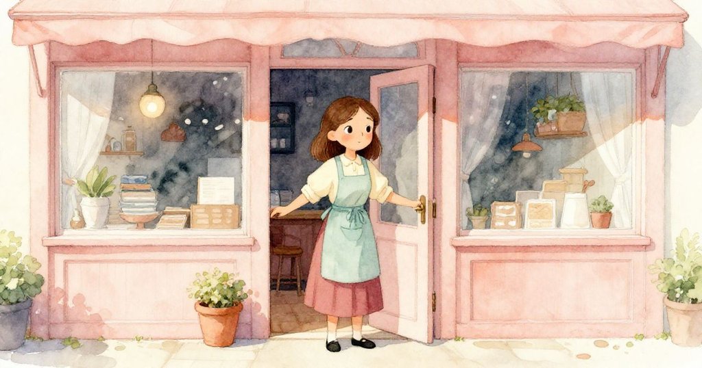 Gwen在晨光中開啟粉桃色餐廳大門,表情專注,外景充滿溫馨與精緻氛圍。