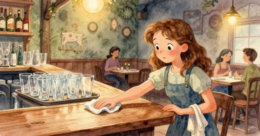 Gwen細心用手指揭開櫃台木片,露出沾滿糖漿的小銅幣,細節豐富光線明亮。