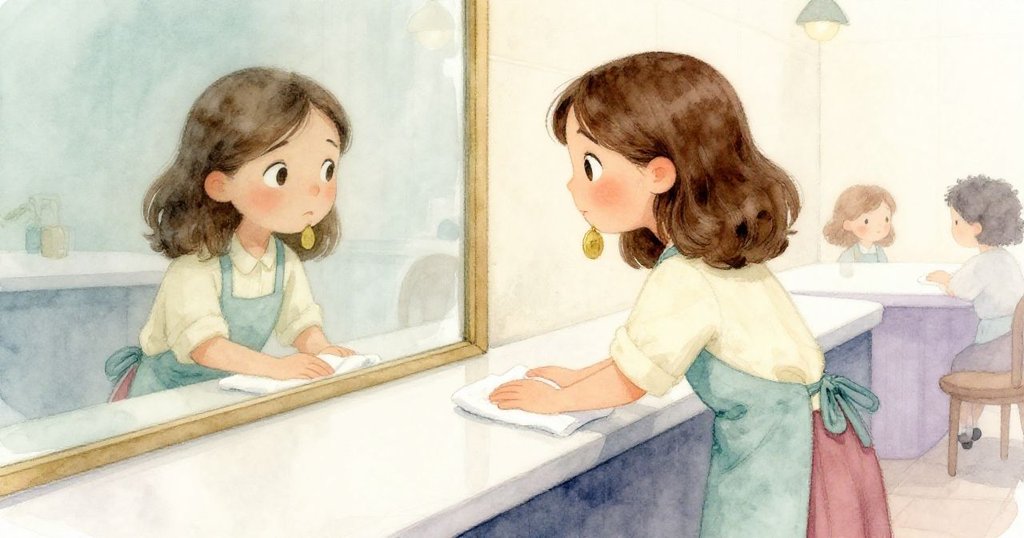 Gwen專注擦拭櫃台,其倒影中隱約映出凹槽裡的小銅幣,溫柔光線中展現好奇神情。