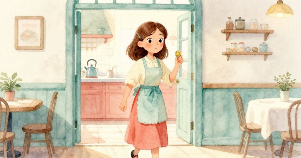 Gwen下午走向廚房,手持小銅幣,光影柔和展現時間流逝與神秘氣息。