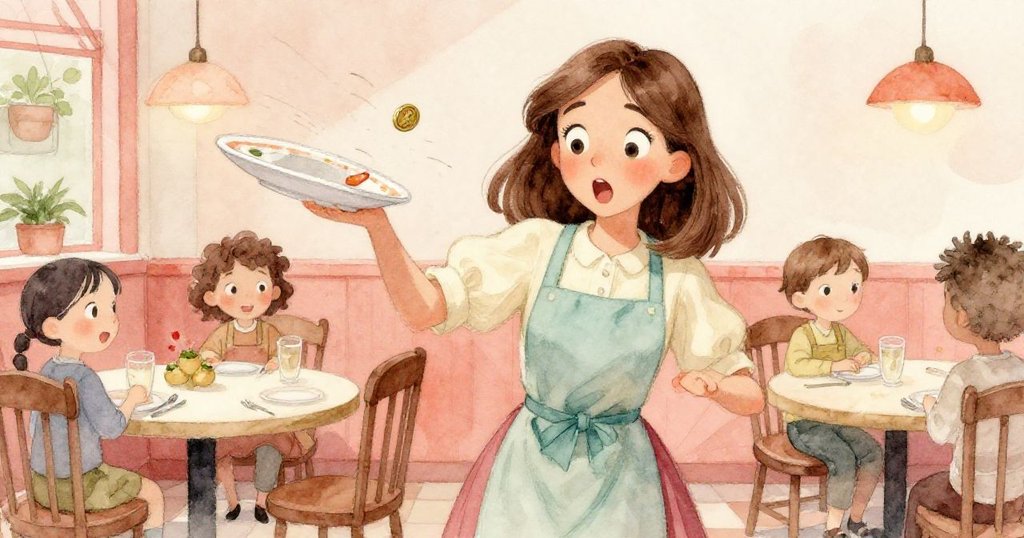 Gwen在忙碌餐廳中被送餐盤撞肩,神情驚訝緊張,小銅幣險些滑落,現場充滿動感。