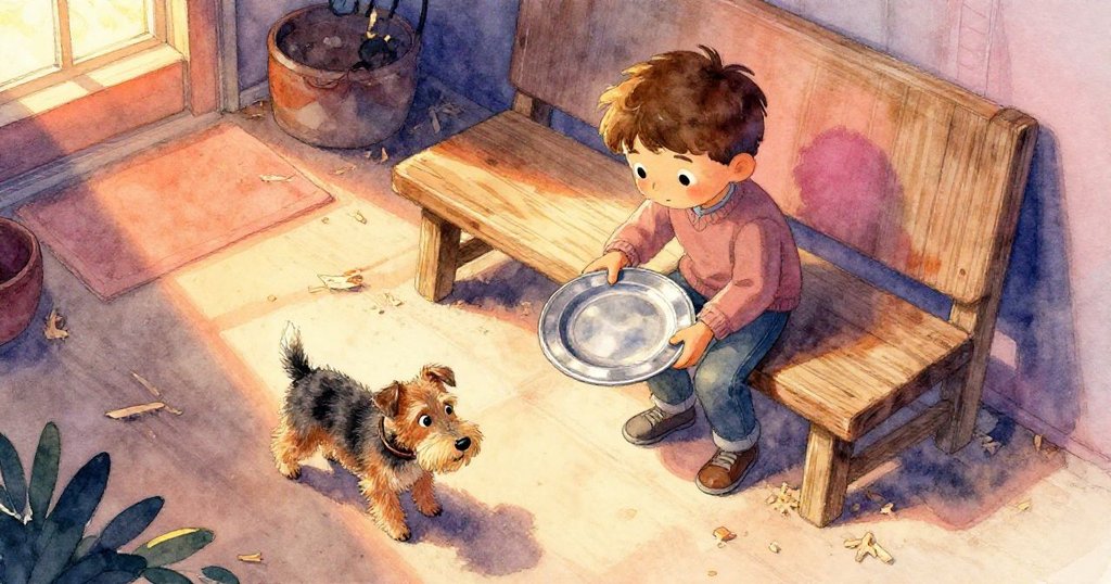 昆恩小心把圓盤放在雪松長椅上,旁邊的獵犬走過散落木屑,廚房暖光中顯示豐盛早餐遺跡。