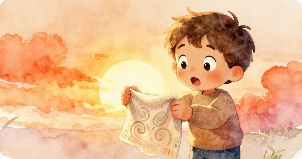 昆恩滿臉驚奇細看桌布下精緻螺旋紋理,臉上流露出好奇與期待,暖光襯托神秘氣氛。