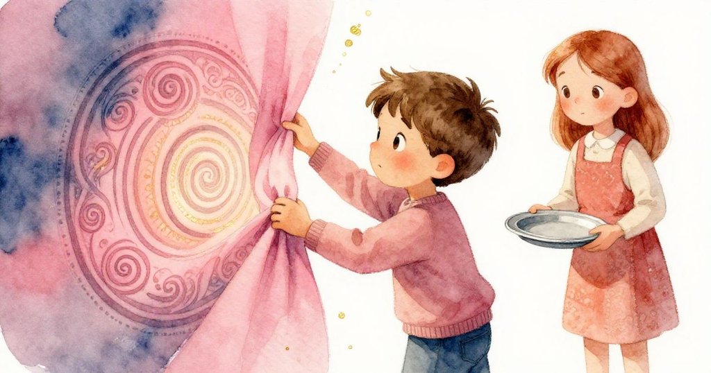 從背後看見昆恩翻轉桌布展露神秘雕紋,伊芙輕觸圓盤協助,室內暖光中流露合作探秘情緒。